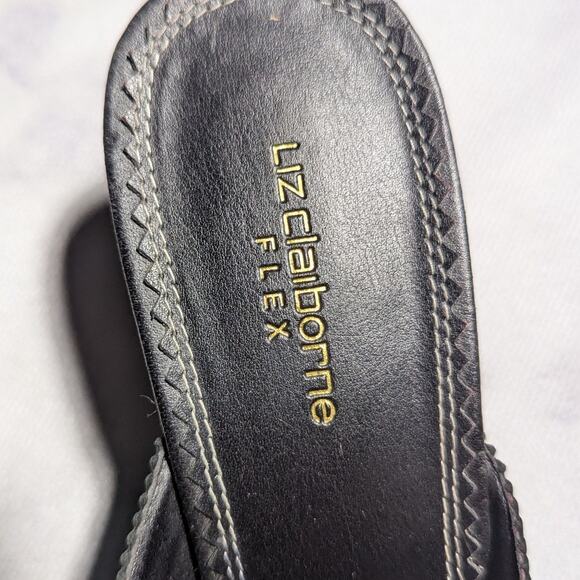 Vtg Y2K Liz Claiborne Black Leather Pointed Toe Wingtip Kitten Heel Mules Sz 7 - Picture 4 of 7